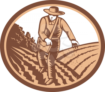 Illustration of organic farmer with satchel bag sowing seeds in farm field set inside oval shape done in retro woodcut style.