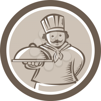 Illustration of a chef, cook or baker holding serving plate platter of food set inside circle done in retro style on isolated background.