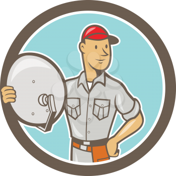 Illustration of a cable tv installer guy holding satellite dish viewed from front set inside circle done in cartoon style on isolated white background.