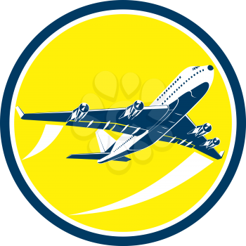 Illustration of a commercial jet plane airliner taking off flying viewed from high angle set inside circle on isolated background done in retro style.