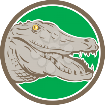 Illustration of an angry alligator crocodile head snout snapping viewed from side set inside circle on isolated background done in retro style. 