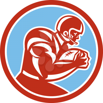 Illustration of an american football gridiron player holding ball running rushing viewed from the side set inside circle on isolated background done in retro style. 