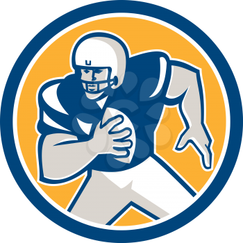 Illustration of an american football gridiron quarterback qb player holding ball running viewed from front set inside circle on isolated background done in retro style. 
