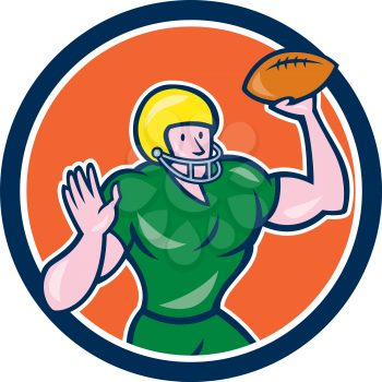 Illustration of an american football gridiron quarterback qb throwing ball set inside circle on isolated background done in cartoon style. 