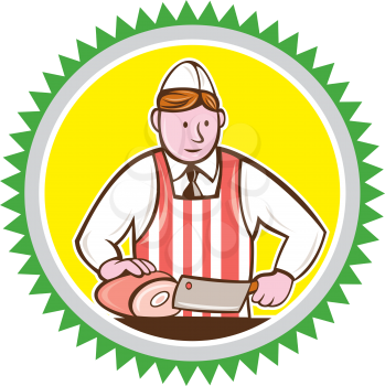 Illustration of a butcher cutter worker holding butcher knife chopping ham set inside rosette shape on isolated background done in cartoon style.