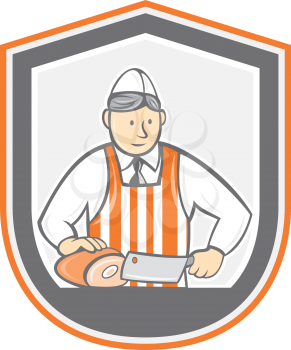 Illustration of a butcher cutter worker holding butcher knife chopping ham set inside shield crest shape on isolated background done in cartoon style.