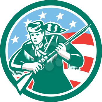 Illustration of an american patriot frontiersman colonist settler Daniel Boone holding musket rifle set inside circle with american stars and stripes flag in the background done in retro style. 