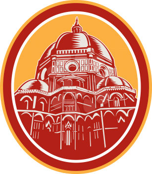 Illustration of the Dome of Florence Cathedral or Il Duomo in Piazza del Duomo, Firenze, Italy viewed from front set inside oval done in retro woodcut style.