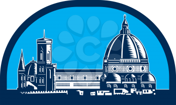 Illustration of the Dome of Florence Cathedral or Il Duomo in Piazza del Duomo, Firenze, Italy viewed from far set inside half oval shape,done in retro woodcut style.