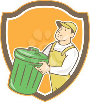Illustration of a garbage collector carrying garbage waste rubbish bin looking to the side set inside shield crest shape on isolated background done in cartoon style.