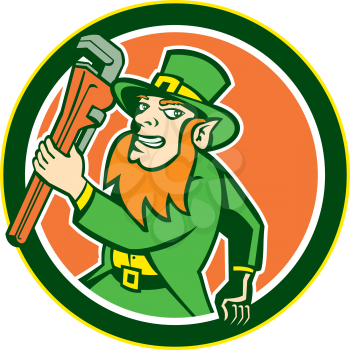 Illustration of a leprechaun holding monkey wrench running facing side set inside circle on isolated background done in retro style. 