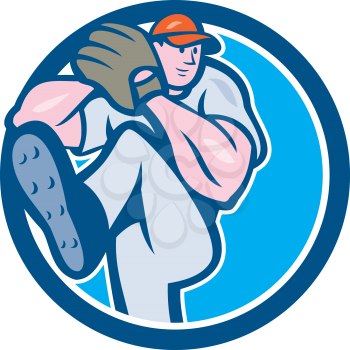 Illustration of an american baseball player pitcher outfilelder with leg up getting ready to throw ball set inside circle on isolated background done in cartoon style. 