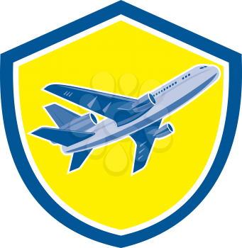 Illustration of a commercial airplane jet plane airliner flying moving up on set inside shield crest isolated background done in retro style.