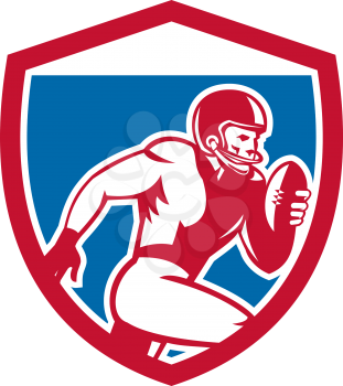 Illustration of an american football gridiron player running with ball facing side set inside shield crest on isolated background done in retro style.
