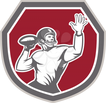 Illustration of an american football gridiron quarterback player throw ball facing front set inside crest shield on isolated background done in retro style.