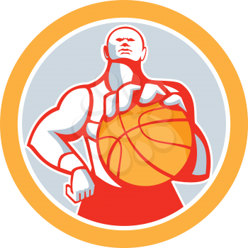 Illustration of a basketball player with ball facing front set inside circle on isolated white background done in retro style. 
