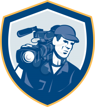 Illustration of a cameraman film crew shooting with hd video movie camera on shoulder set inside shield crest done in retro style on isolated white backgrounbd.