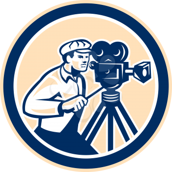 Illustration of a cameraman movie director with vintage movie film camera viewed from the side set inside circle on isolated background done in retro style.