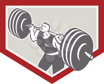 Illustration of a weightlifter athlete muscle-up lifting barbell facing front set inside shield crest shape done in retro style on isolated white background.