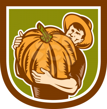 Illustration of organic farmer holding big pumpkin crop produce harvest facing front  set inside shield crest on isolated background done in retro woodcut style.