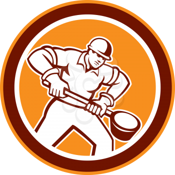 Illustration of a foundry worker holding a ladle facing front set inside circle shape done in retro style.