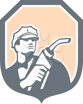 Illustration of gasoline attendant worker holding fuel pump nozzle set inside shield crest on isolated background done in retro style.