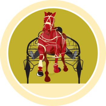 Illustration of a horse and jockey harness racing facing front on isolated background done in retro style.