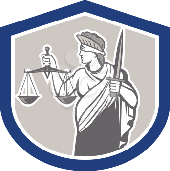Illustration of blindfolded lady facing side holding weighing scales of justice and sword viewed from side set inside crest shield on isolated white background.