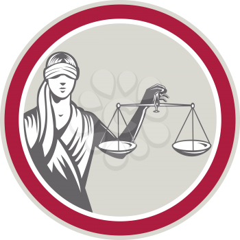 Illustration of blindfolded lady facing front holding and raising up weighing scales of justice set inside circle on isolated white background done in retro style.