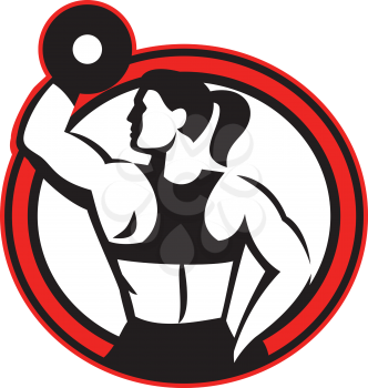 Illustration of a female athlete muscle-up lifting dumbbell facing side set inside circle shape done in retro style on isolated white background