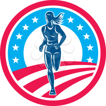 Illustration of an american marathon triathlete runner running winning finishing race set inside circle with stars and stripes in the background done in retro style.