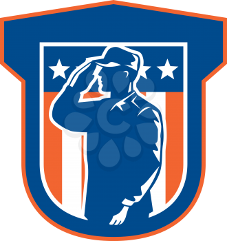 Illustration of an American military serviceman salute saluting side view with stars and stripes in background set inside a shield done in retro style. 