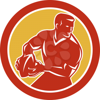 Illustration of a rugby player passing ball looking to the side set inside circle on isolated background done in retro style. 