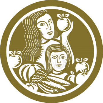 Illustration of a woman and child holding apples with fruits and vegetables set inside a circle done in retro style. 