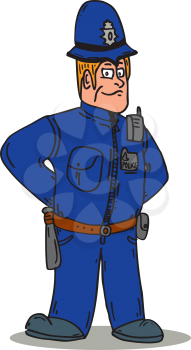 Illustration of a London policeman police officer standing facing front with hands on hips done in cartoon style.