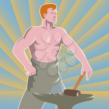 Vector illustration of a blacksmith with hammer and anvil done in the retro style.