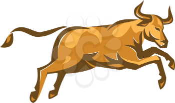 vector illustration of a texas longhorn bull jumping viewed from side done in retro style on isolated white background.