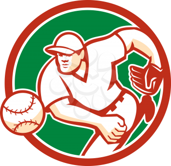 Illustration of an american baseball player pitcher outfilelder throwing ball set inside circle on isolated background done in retro style. 