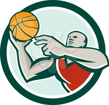 Illustration of a basketball player lay up ball set inside circle on isolated background done in retro style.