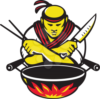 vector illustration of a japanese cook chef with knife chopsticks and wok on fire on isolated white background.