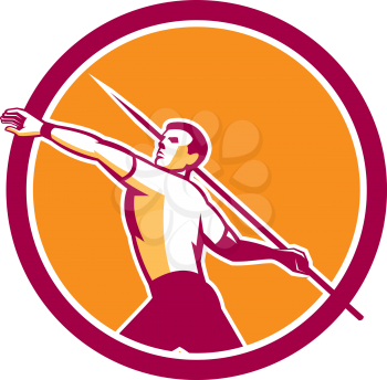 Illustration of a track and field athlete javelin throw viewed from the side set inside  circle on isolated background done in retro style.