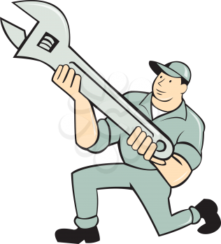Illustration of a mechanic kneeling holding spanner wrench looking to the side on isolated white background done in cartoon style.