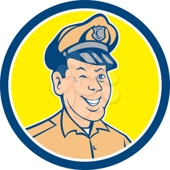 Illustration of a policeman police officer winking smiling viewed from front set inside circle on isolated background done in cartoon style. 