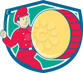 Illustration of a marching band brass band drummer beating drum viewed from side set inside shield on isolated background done in cartoon style. 