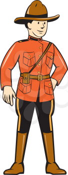 Illustration of a mounted policeman police officer standing facing front on isolated background done in cartoon style.