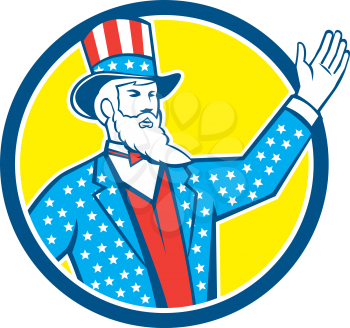 Illustration of Uncle Sam with hand up with stars and stripes American flag design on his hat and clothes set inside circle on isolated background done in retro style. 