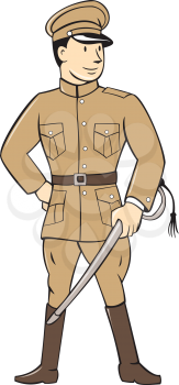 Illustration of a World War one British officer soldier serviceman standing facing front with sword on isolated white background  done in cartoon style.