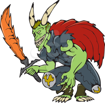 Cartoon style illustration of a demon with big horns wielding a fiery sword viewed from front on isolated background.