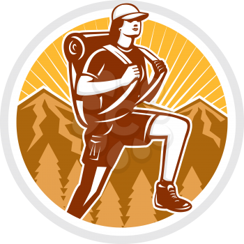 Illustration of a female hiker hiking walking set inside circle with mountains and sunburst in the background done in retro style. 