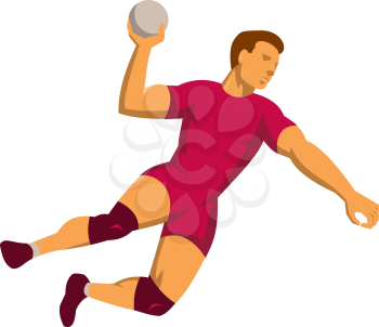 vector illustration of a hand ball player with ball  jumping throwing scoring done in retro art deco style.